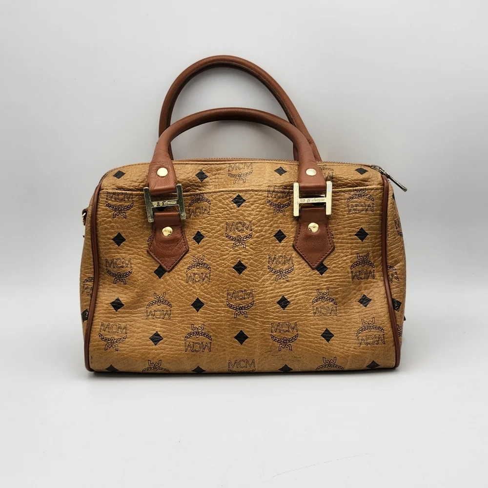 MCM Cognac Brown Monogram Satchel with Gold Hardware